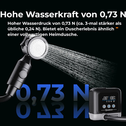 starke wasserfontäne des druckduschkopfs neben digitaler steuerpumpe