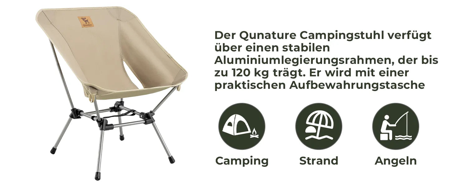 campingstuhl in beige vor weißem hintergrund mit beschreibung der belastbarkeit