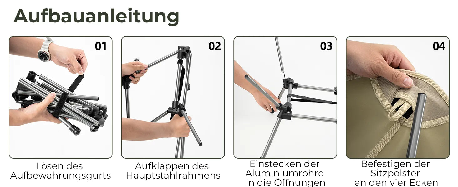 aufbauanleitung für den qunature campingstuhl in vier schritten
