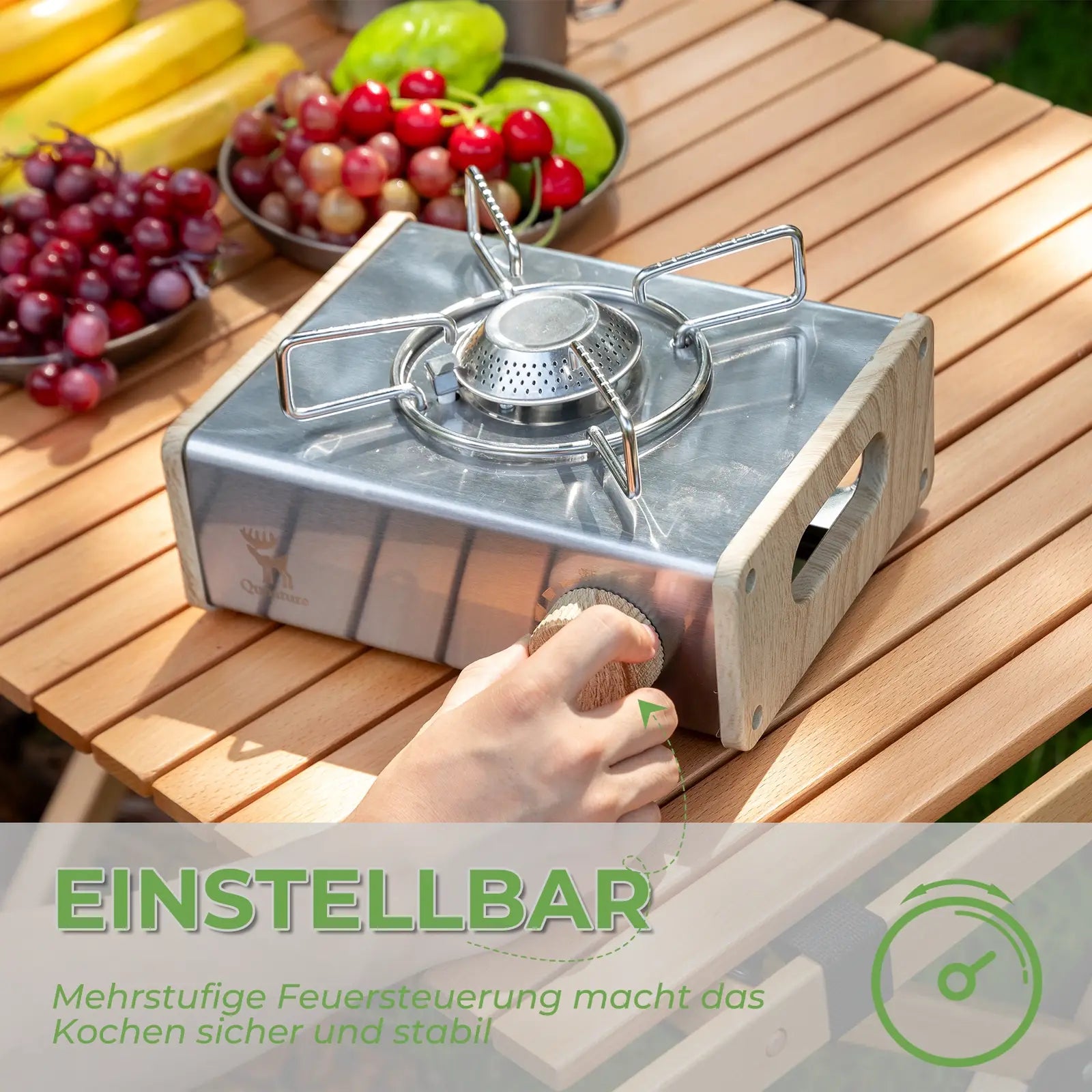 adjusting the wooden control knob on the portable gas stove at a campsite