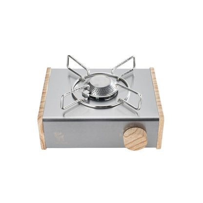 tragbarer kartuschen gaskocher mit edelstahl und holzoptik von oben