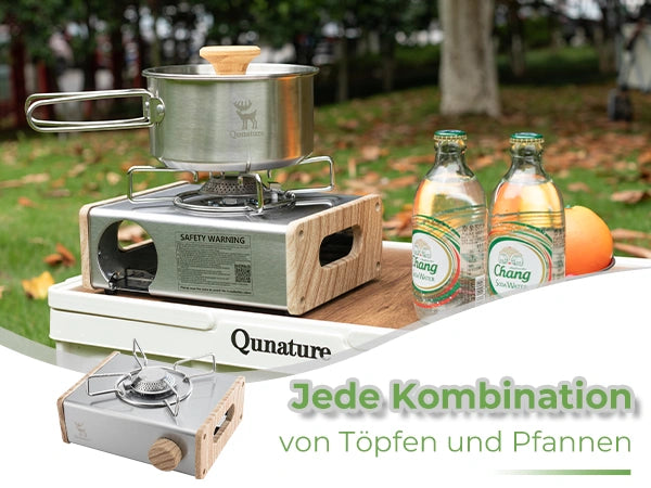 tragbarer kartuschen-gaskocher mit edelstahltopf im einsatz, zeigt kompatibilität mit verschiedenen kochgeschirren im freien