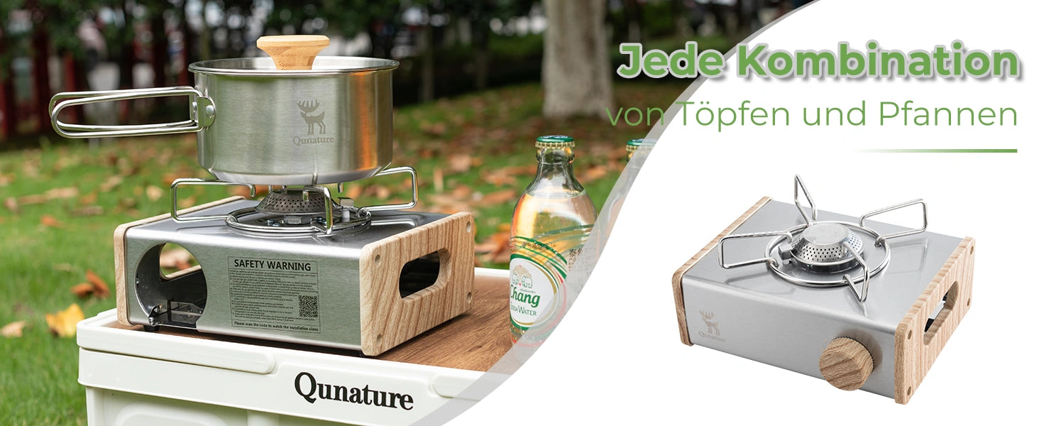 tragbarer kartuschen-gaskocher mit edelstahltopf im einsatz, zeigt kompatibilität mit verschiedenen kochgeschirren im freien