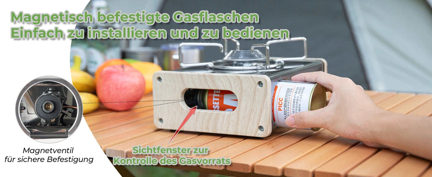 sicherheitsfunktionen des kartuschenkochers mit diagramm zur automatischen gasabsperrung bei überdruck