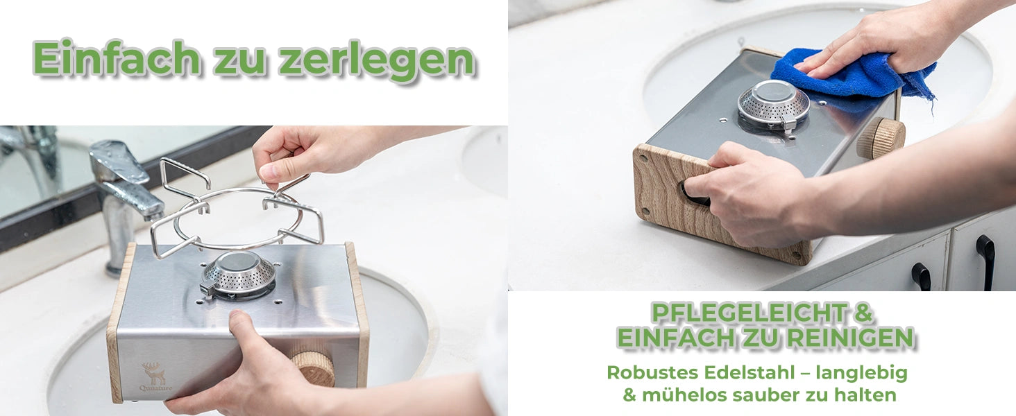 einfach zerlegbarer und pflegeleichter campingkocher aus edelstahl mit abnehmbarem ständer zum reinigen