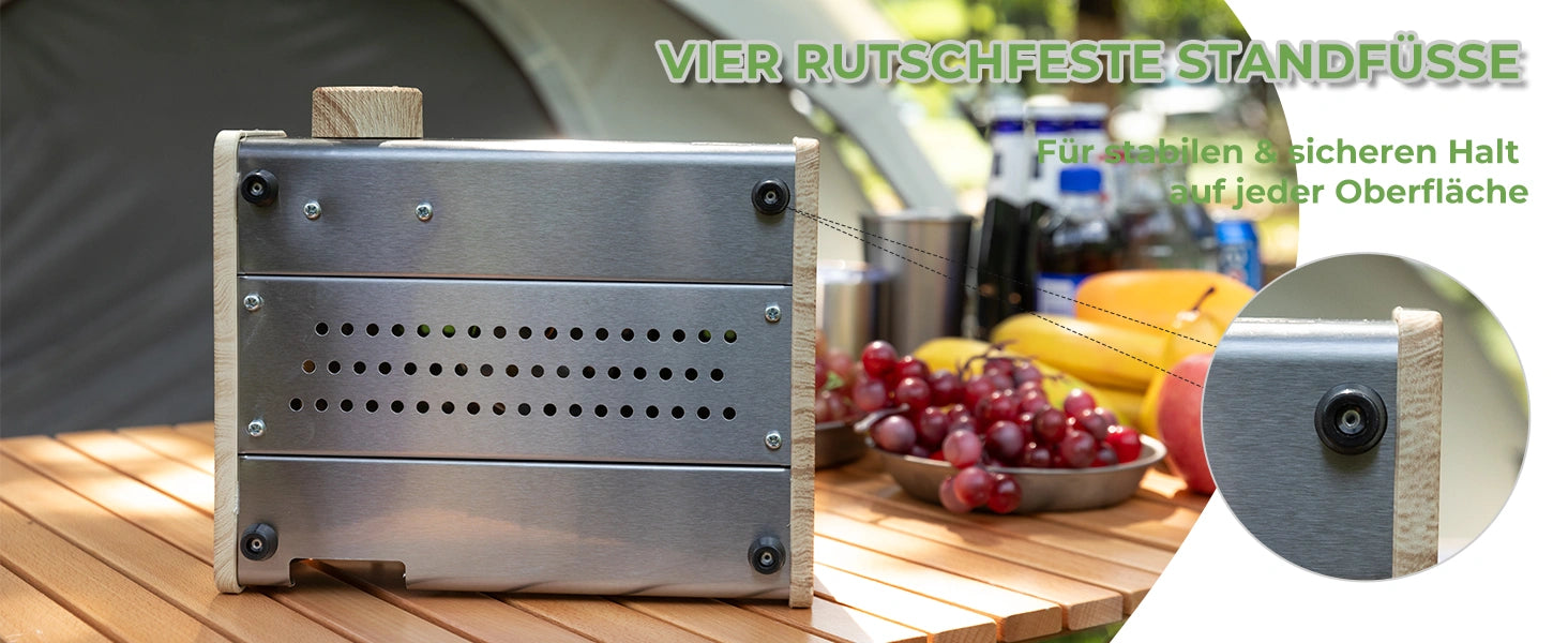 rückansicht des gaskochers mit vier rutschfesten standfüssen für stabilen halt auf jeder oberfläche