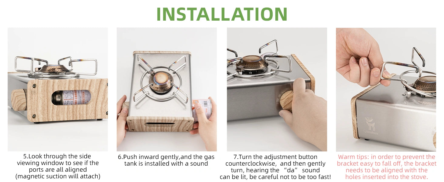 installationsschritte des campingkochers: gasflasche ausrichten und in die magnetische halterung einsetzen