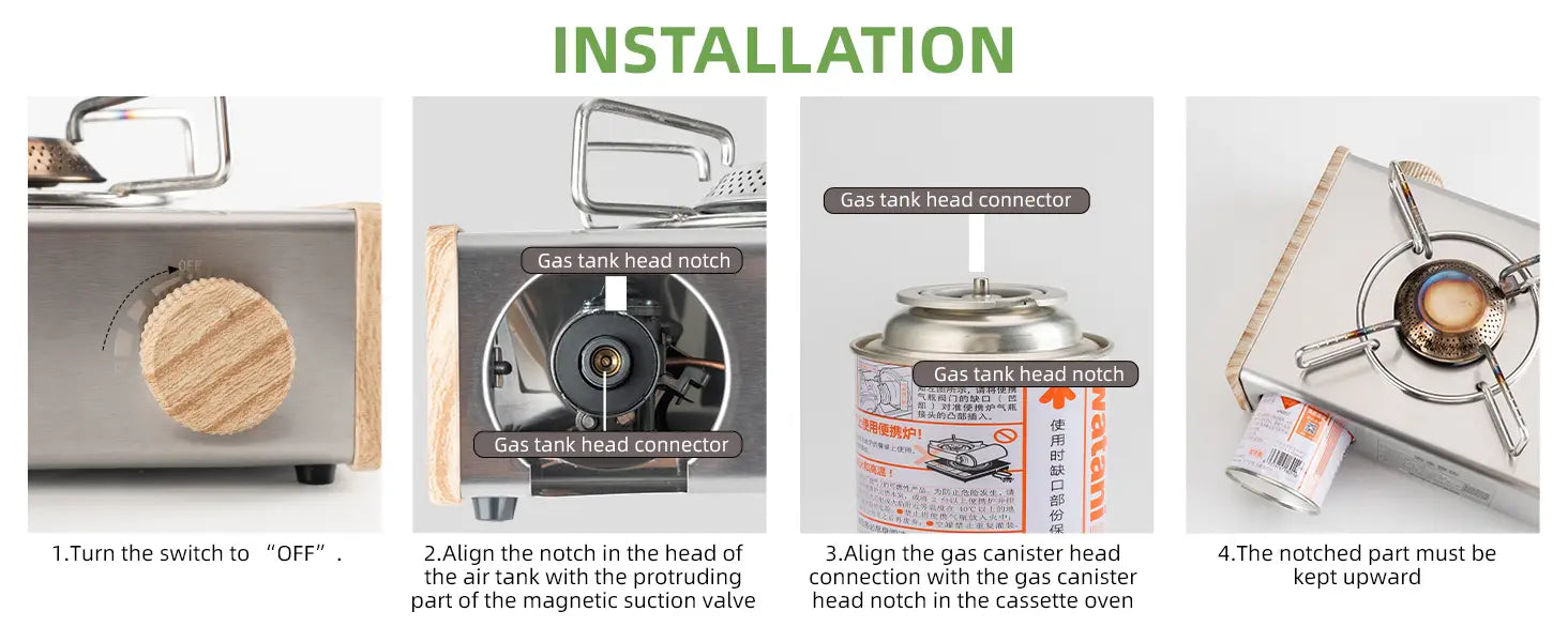 installationsanleitung des kartuschenkochers, zeigt schritte zum einsetzen der gasflasche und befestigen des ständers