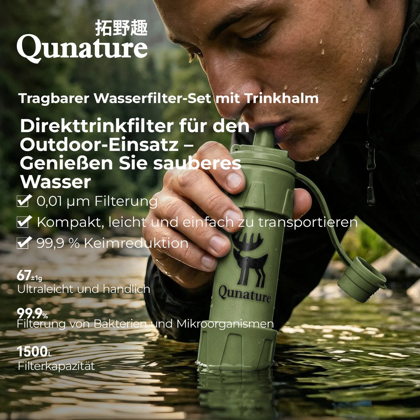 person trinkt aus grünem wasserfilter am bach