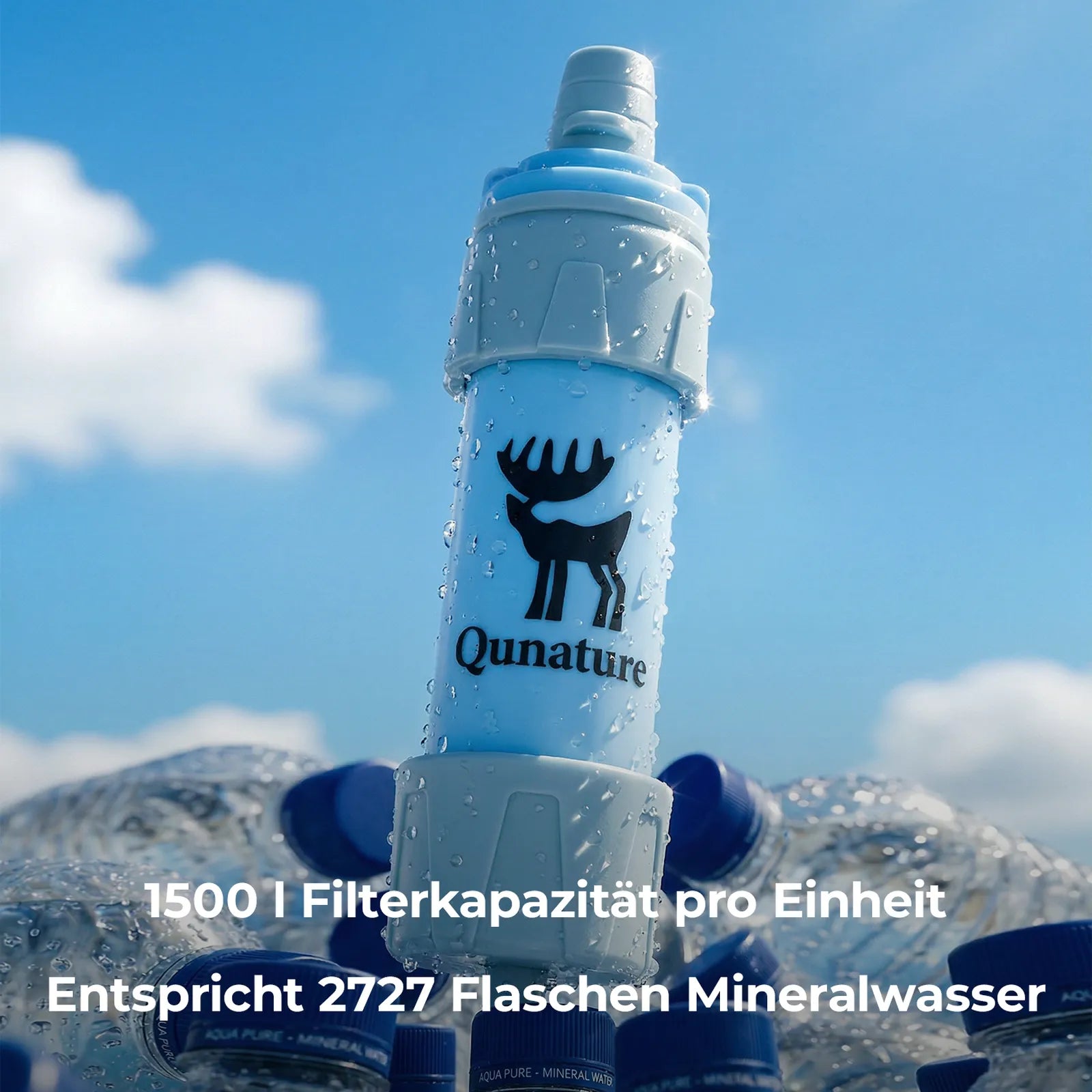 hellblauer wasserfilter vor mineralwasserflaschen