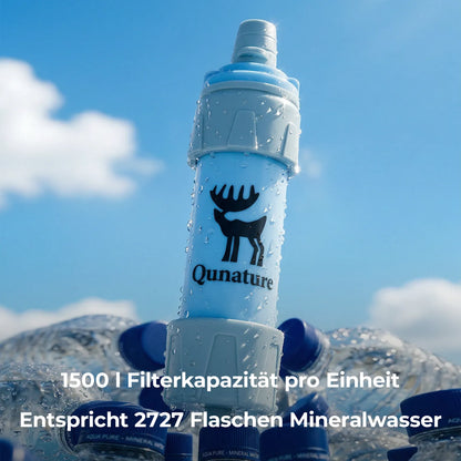 hellblauer wasserfilter vor mineralwasserflaschen