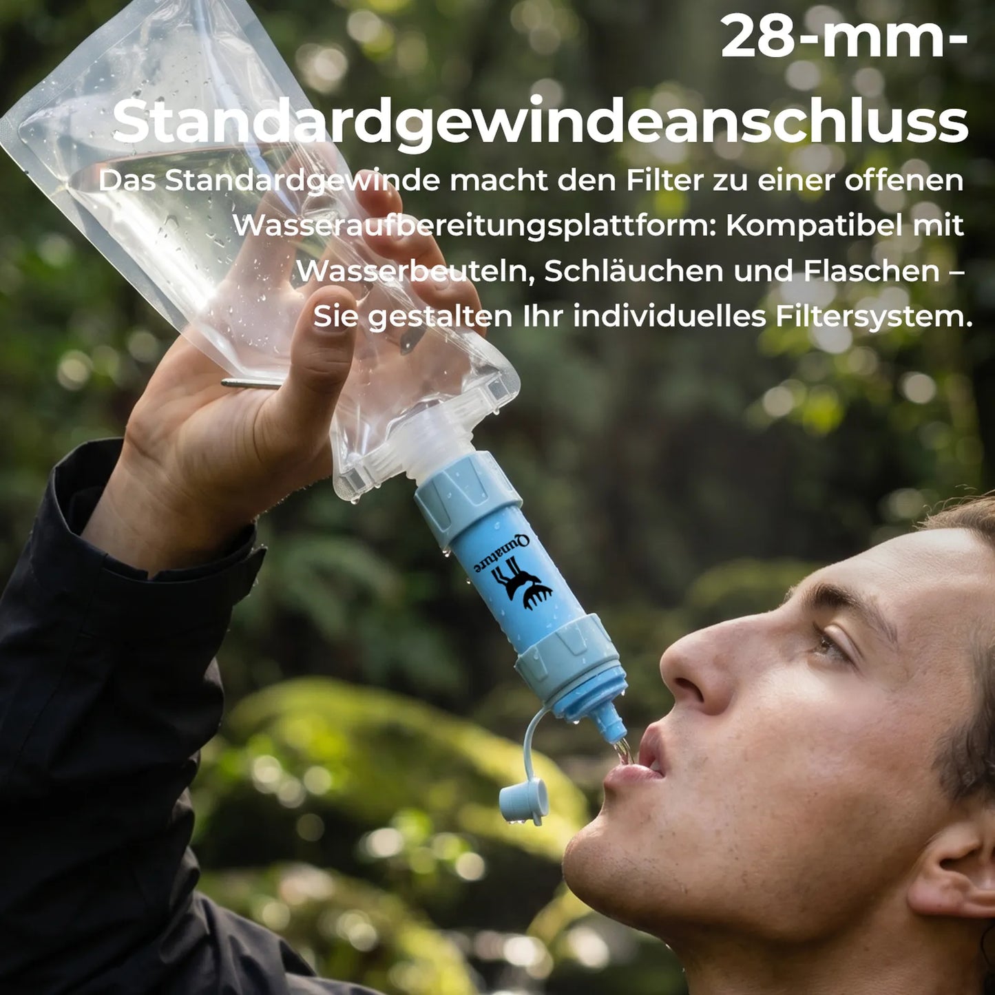 wasserfilter mit wasserbeutel wird getrunken
