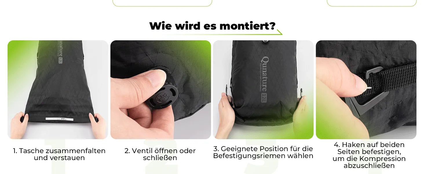 schritt-für-schritt anleitung zur montage der tasche inklusive ventilbedienung und kompression