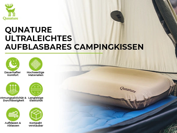 aufblasbares campingkissen im zelt mit funktionsübersicht