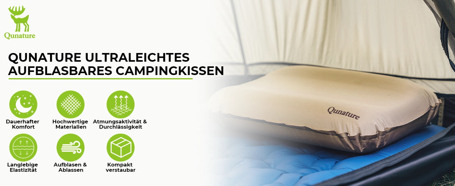 aufblasbares campingkissen im zelt mit funktionsübersicht