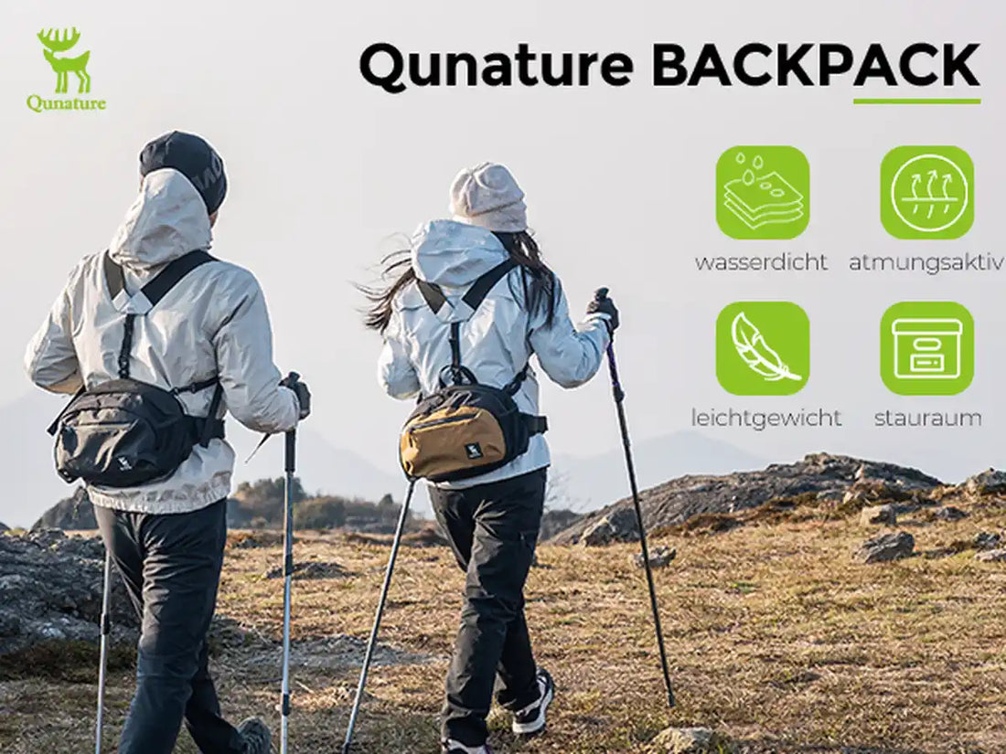 zwei wanderer mit schwarzem und braunem rucksack in berglandschaft, funktionen wie wasserdicht und atmungsaktiv