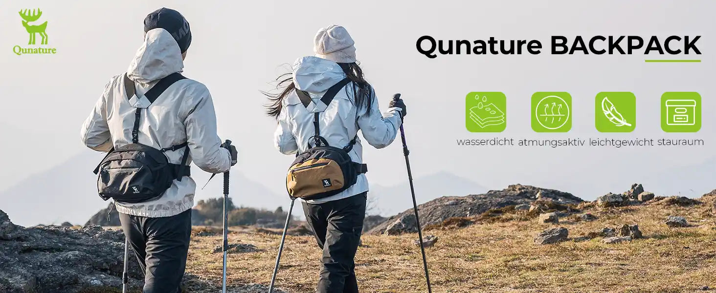 zwei wanderer mit schwarzem und braunem rucksack in berglandschaft, funktionen wie wasserdicht und atmungsaktiv