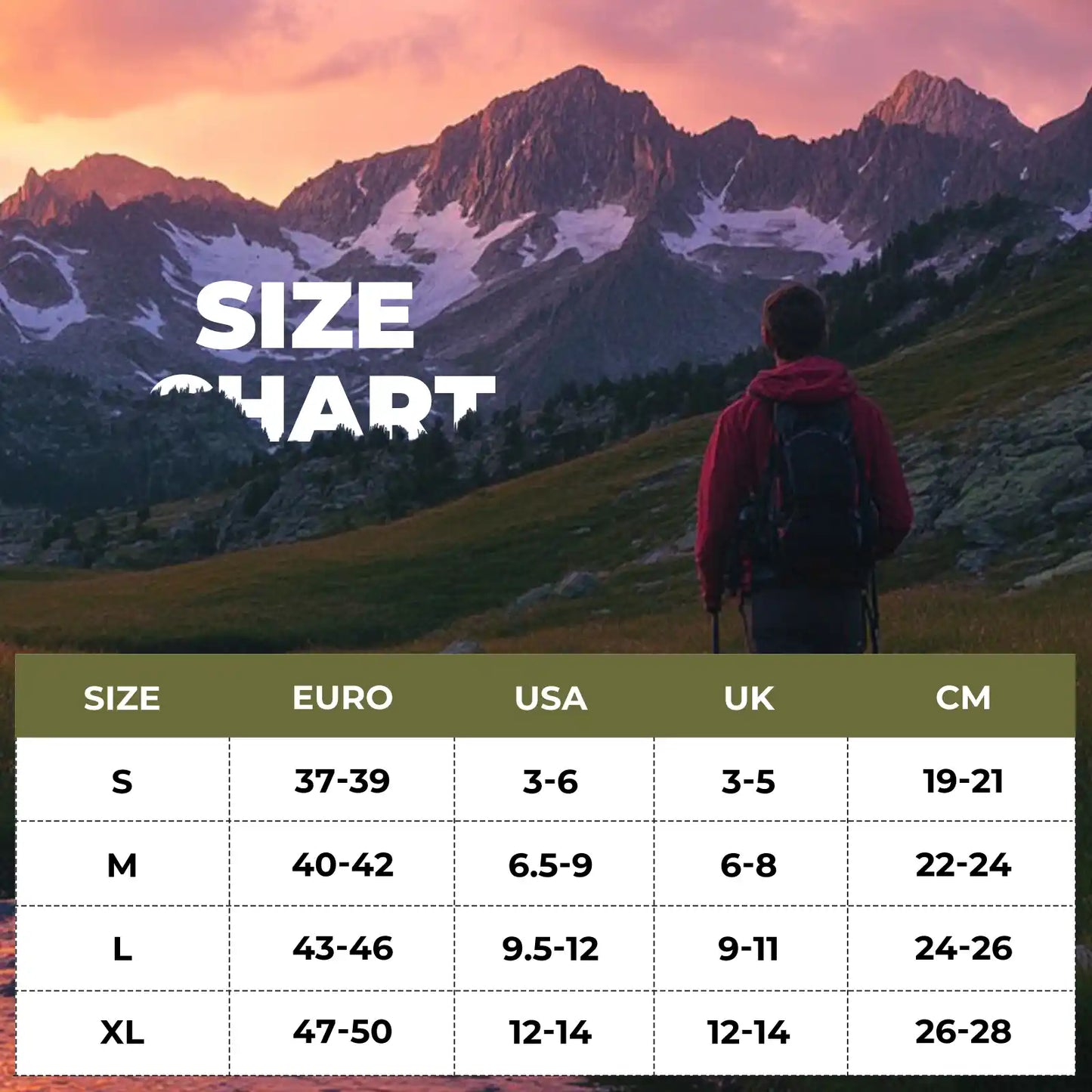 groessentabelle fuer wandersocken, eu us uk groessen und fusslaengen