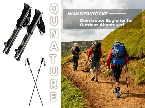 zusammenklappbare wanderstöcke in gefaltetem und ausgefahrenem zustand mit anwendungsbeispiel
