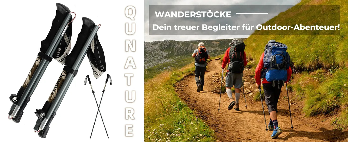 zusammenklappbare wanderstöcke in gefaltetem und ausgefahrenem zustand mit anwendungsbeispiel