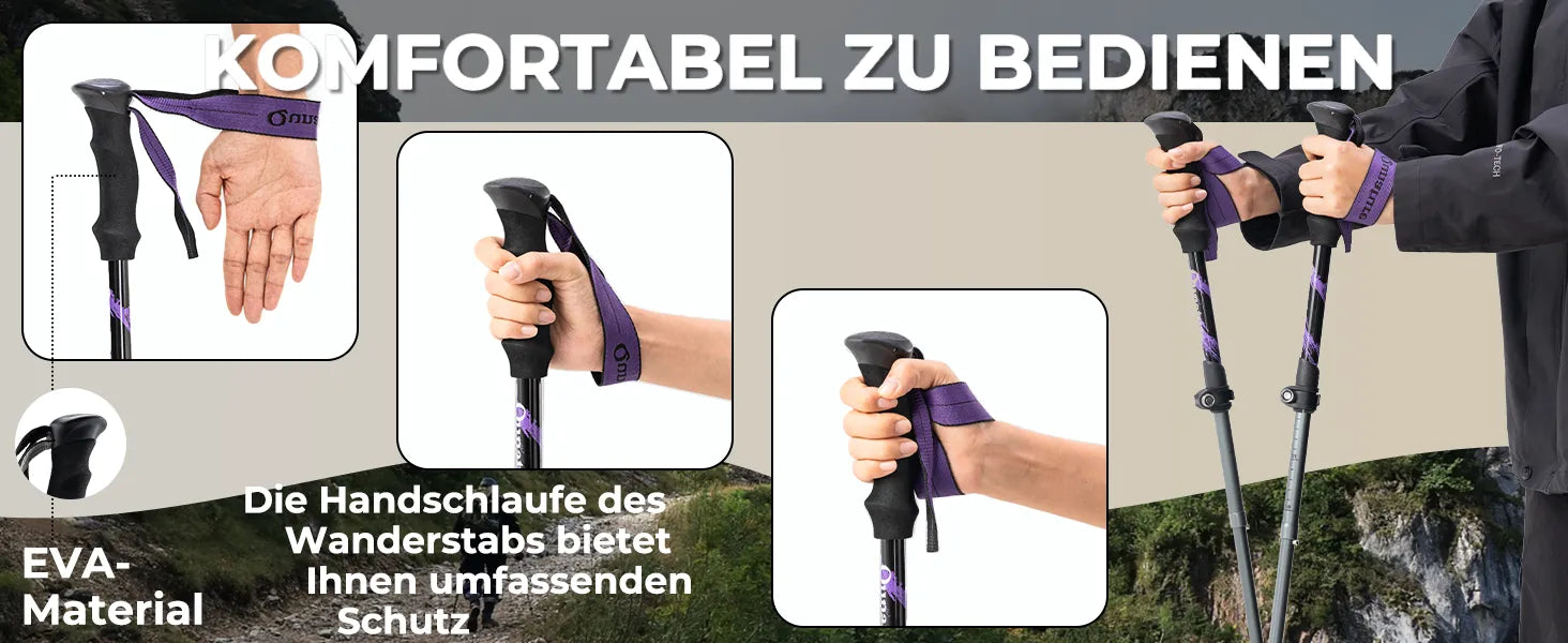 ergonomischer griff der wanderstöcke mit eva-material und handschlaufe im einsatz