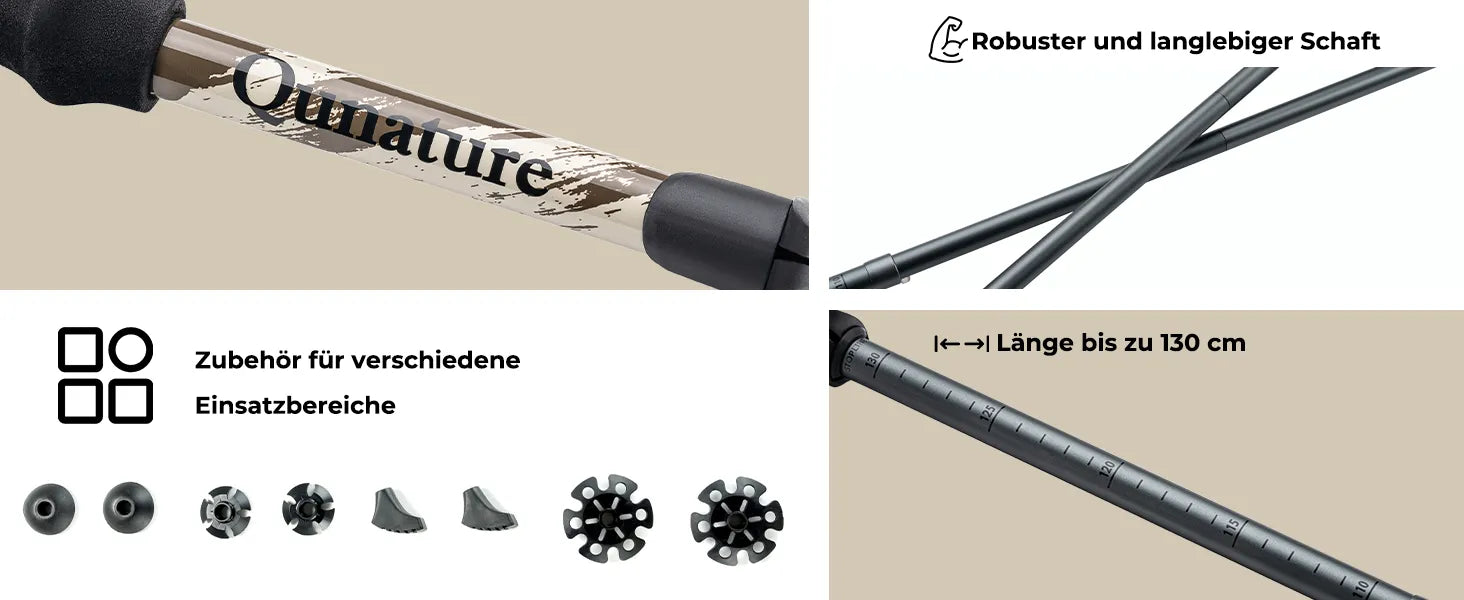 robuster schaft der wanderstöcke mit zubehör und einstellbarer länge bis 130 cm