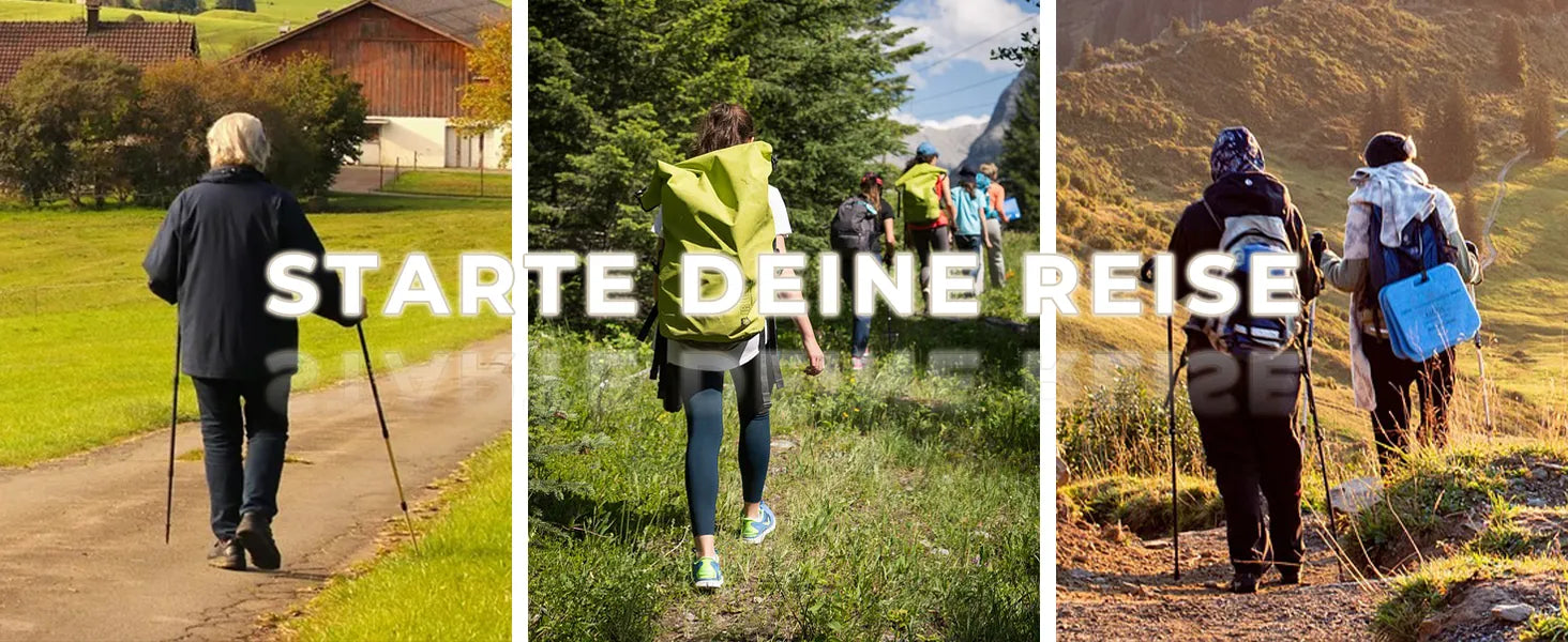 menschen beim wandern mit wanderstöcken in verschiedenen landschaften