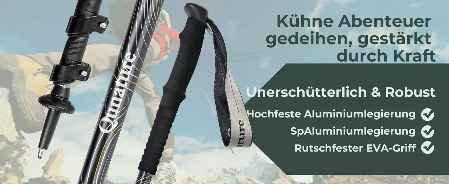 Nahaufnahme der wanderstoecke mit details: griff, verschluss und textur