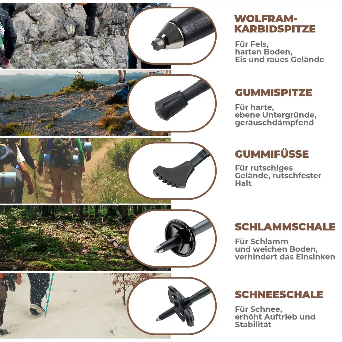 wanderstöcke mit verschiedenen aufsätzen für alle gelände