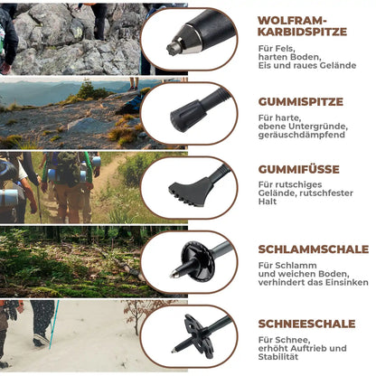 wanderstöcke mit verschiedenen aufsätzen für alle gelände