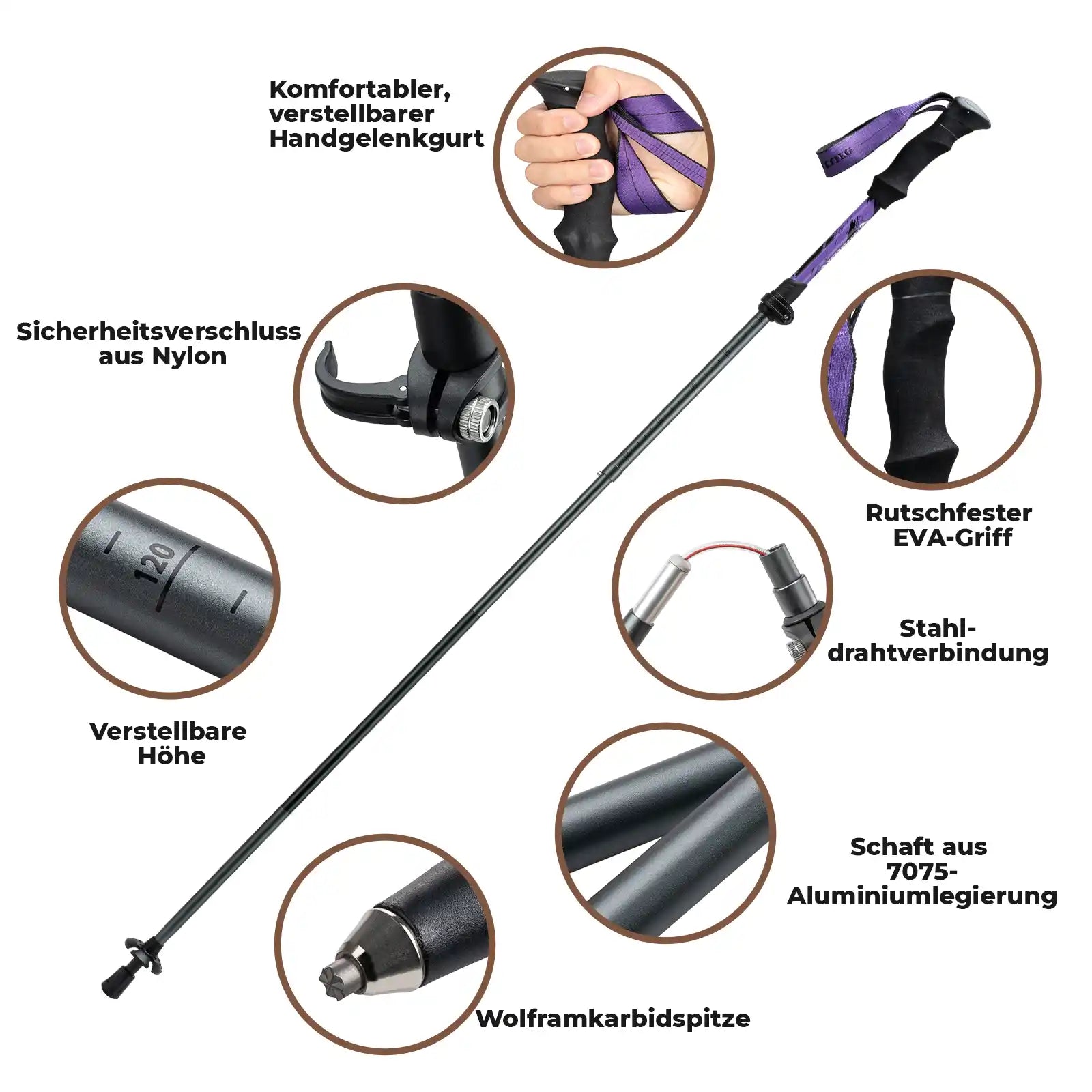 wanderstöcke mit 7075-aluminium, eva-griff und stahldrahtverbindung