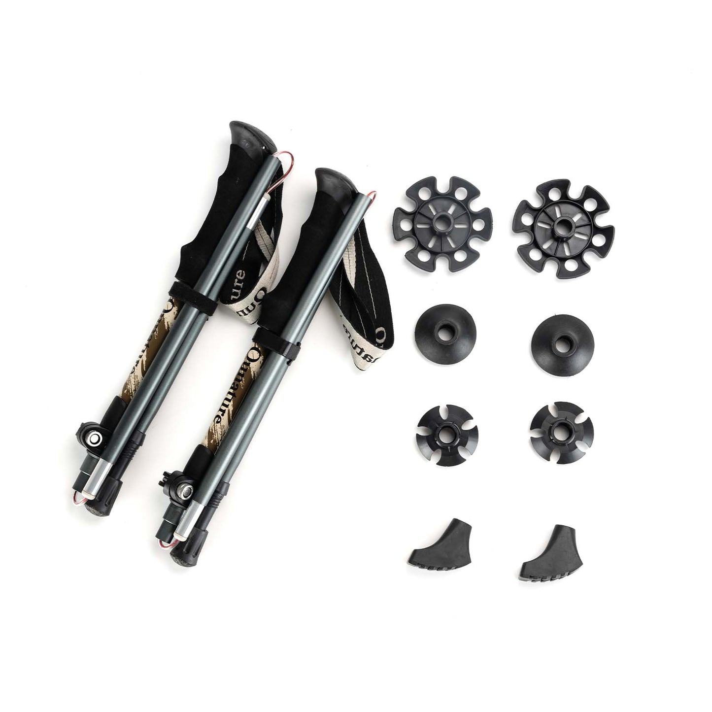 wanderstöcke mit verschiedenen aufsätzen und zubehör