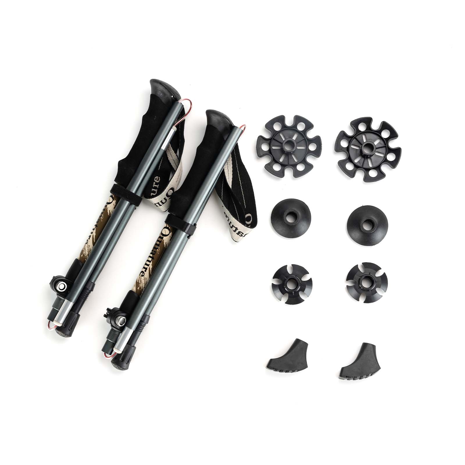 wanderstöcke mit verschiedenen aufsätzen und zubehör