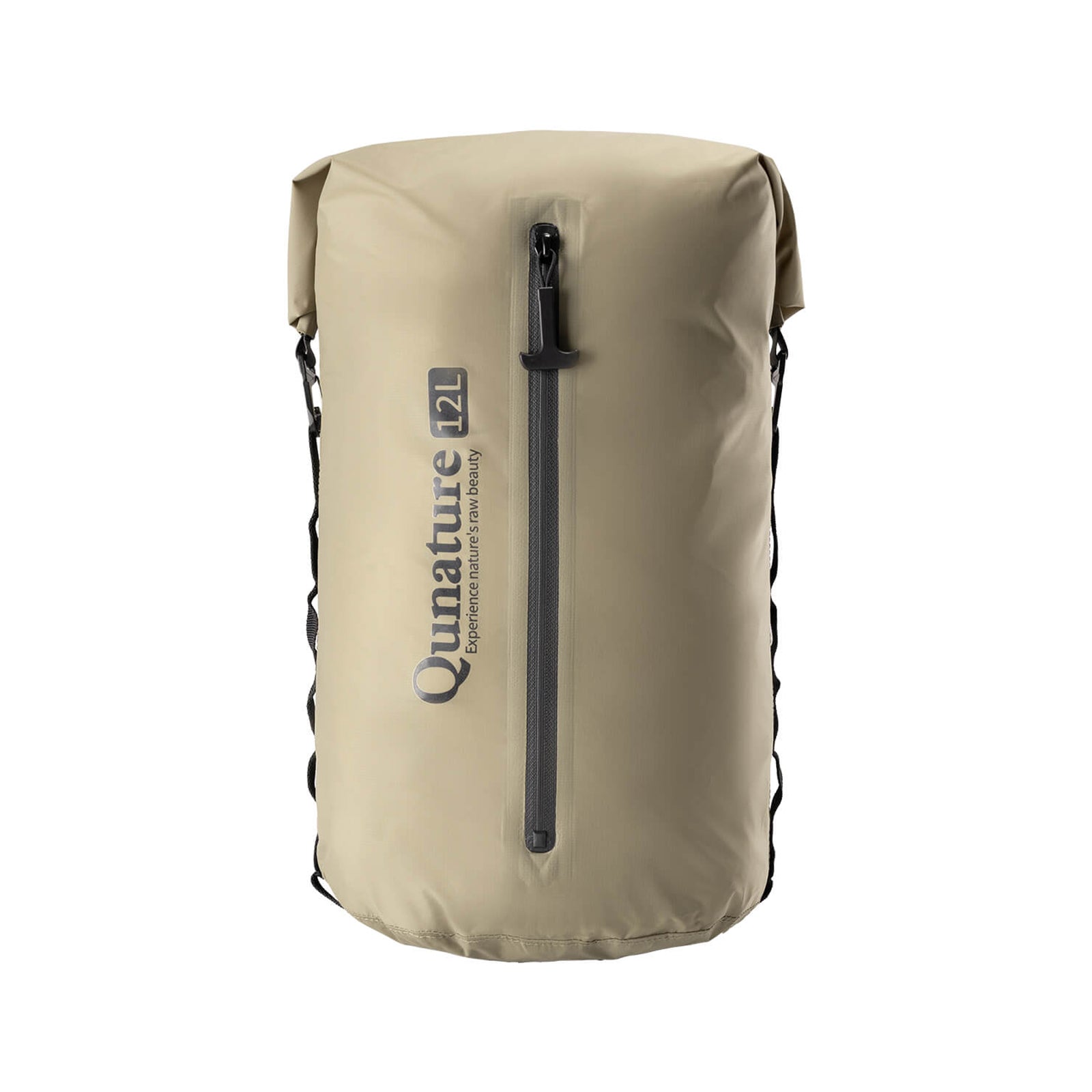 wasserdichte bikepacking kompressionstasche, 12l, beige frontansicht mit markenlogo