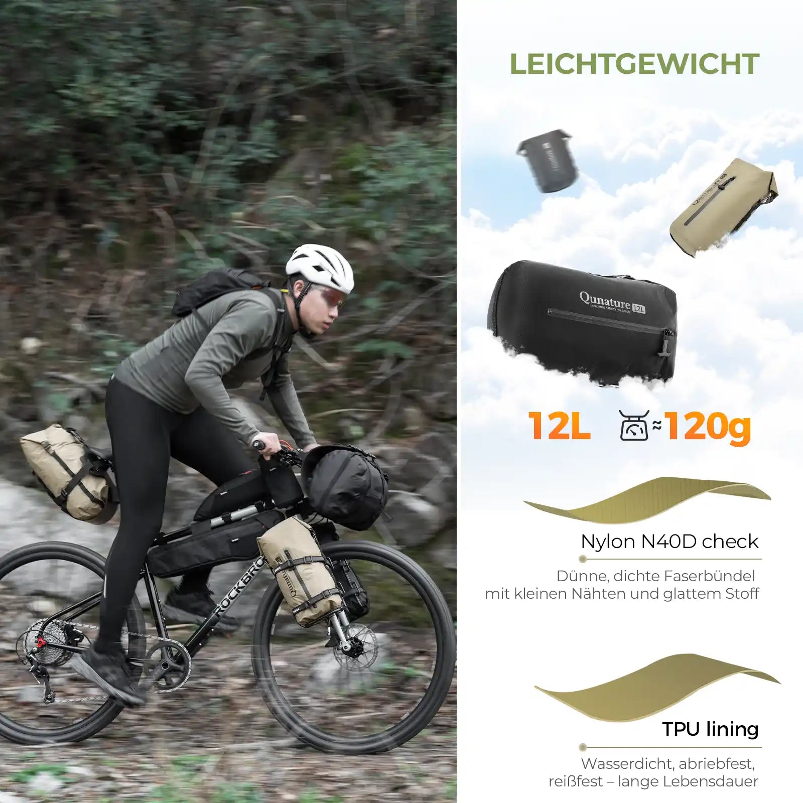 wasserdichte bikepacking kompressionstasche 12l leichtgewicht, mit nylon n40d und tpu auskleidung