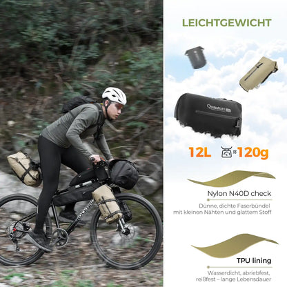 wasserdichte bikepacking kompressionstasche 12l leichtgewicht, mit nylon n40d und tpu auskleidung