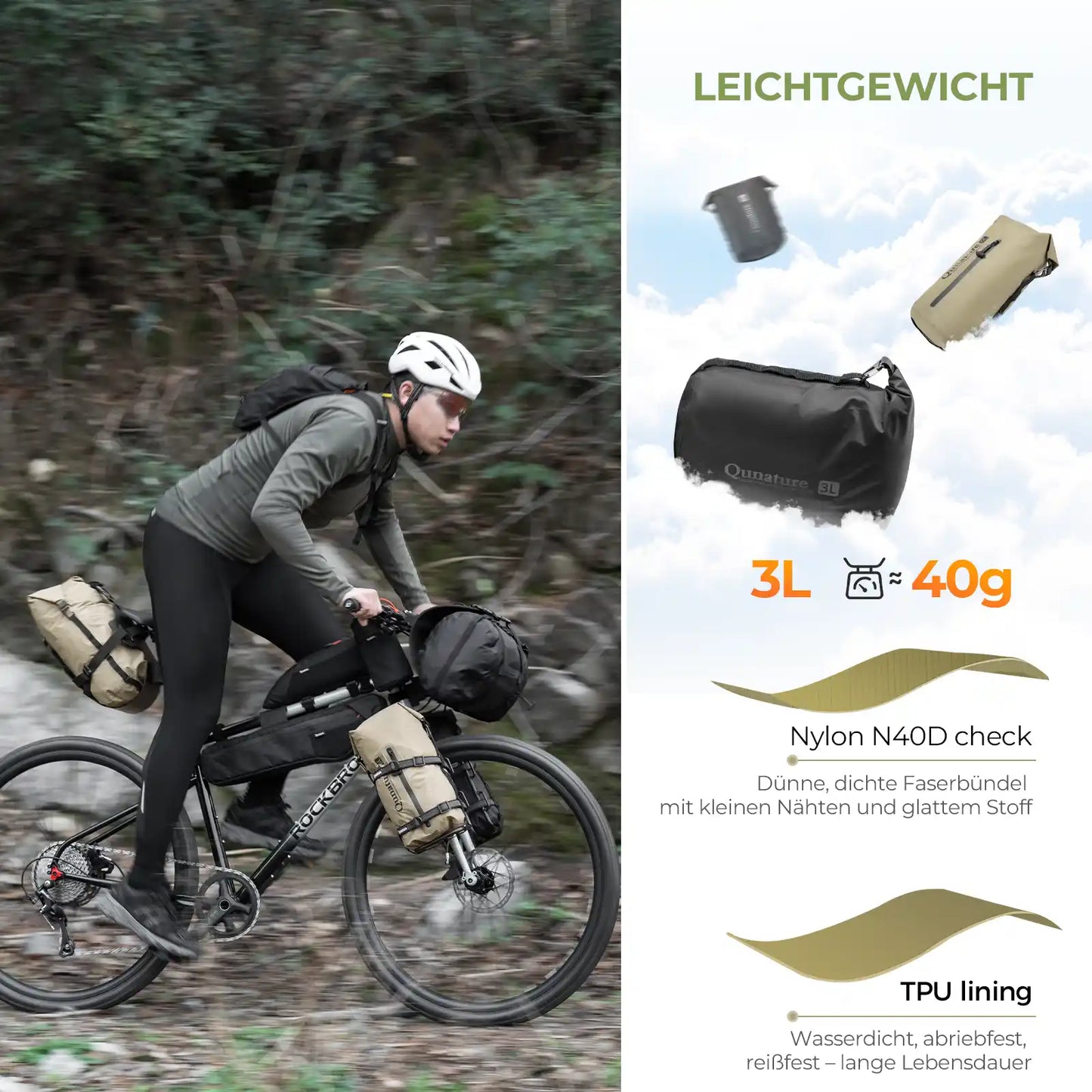 wasserdichte bikepacking kompressionstasche 3l leichtgewicht, mit nylon n40d und tpu auskleidung