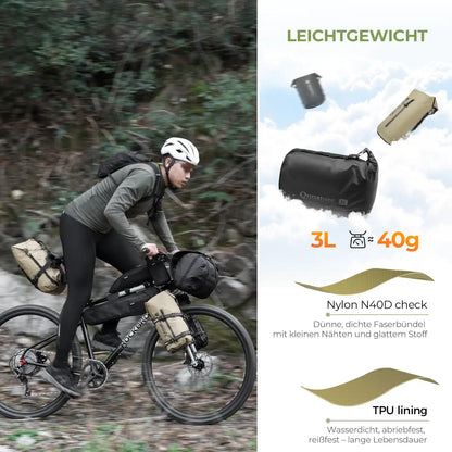 wasserdichte bikepacking kompressionstasche 3l leichtgewicht, mit nylon n40d und tpu auskleidung