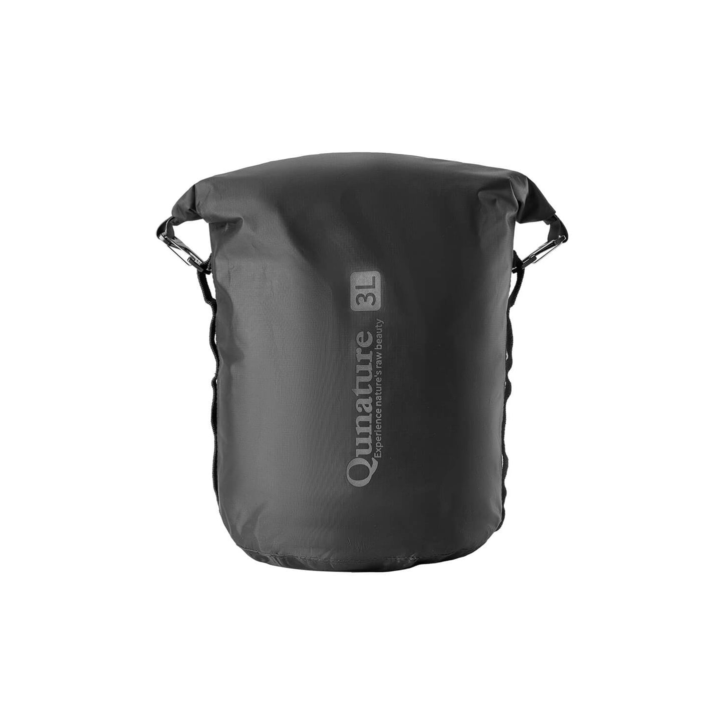 wasserdichte bikepacking kompressionstasche, 3l, schwarze frontansicht mit markenlogo