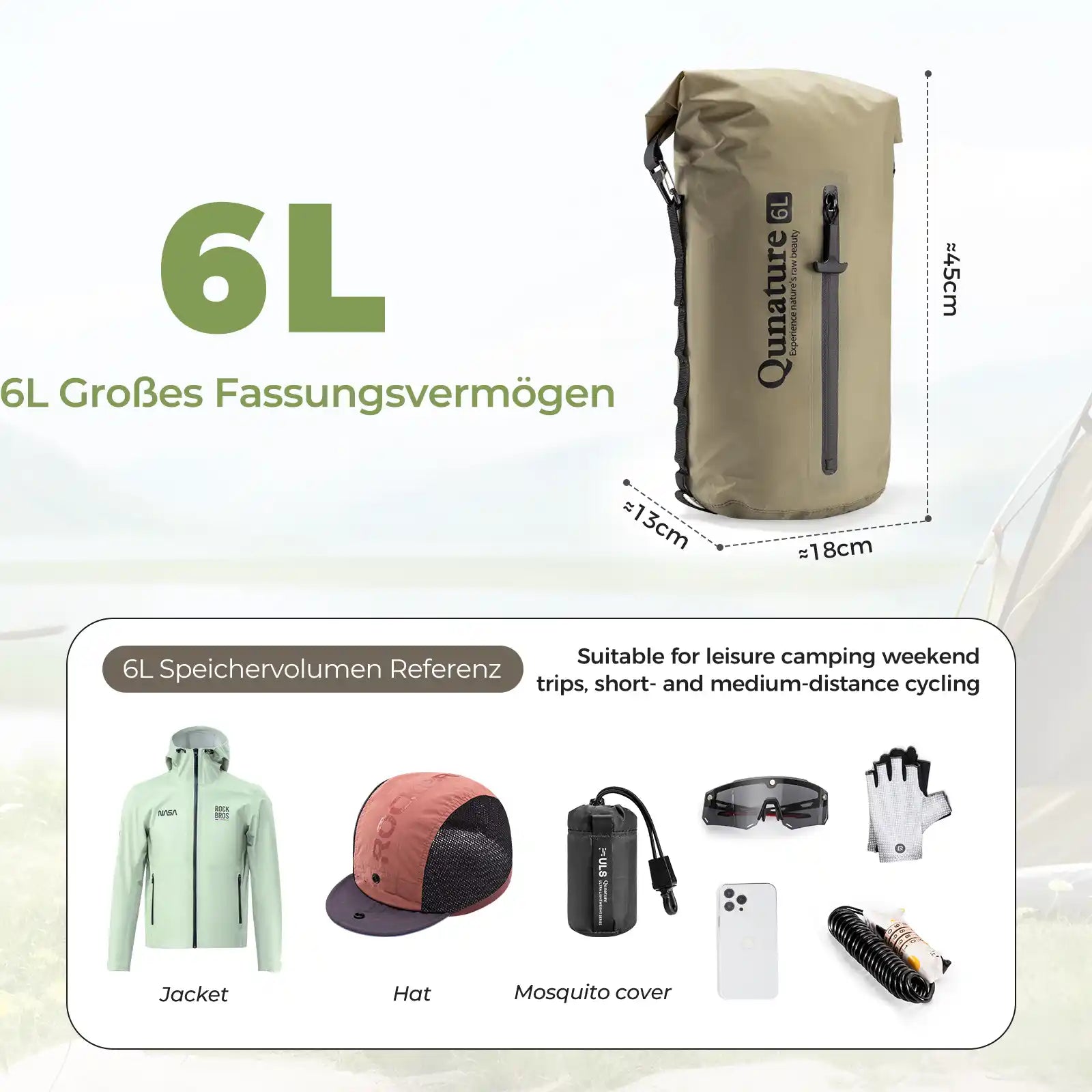 6l bikepacking tasche mit abmessungen und beispielartikeln für fahrradtouren