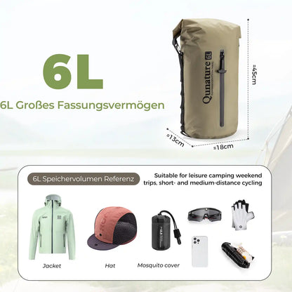 6l bikepacking tasche mit abmessungen und beispielartikeln für fahrradtouren