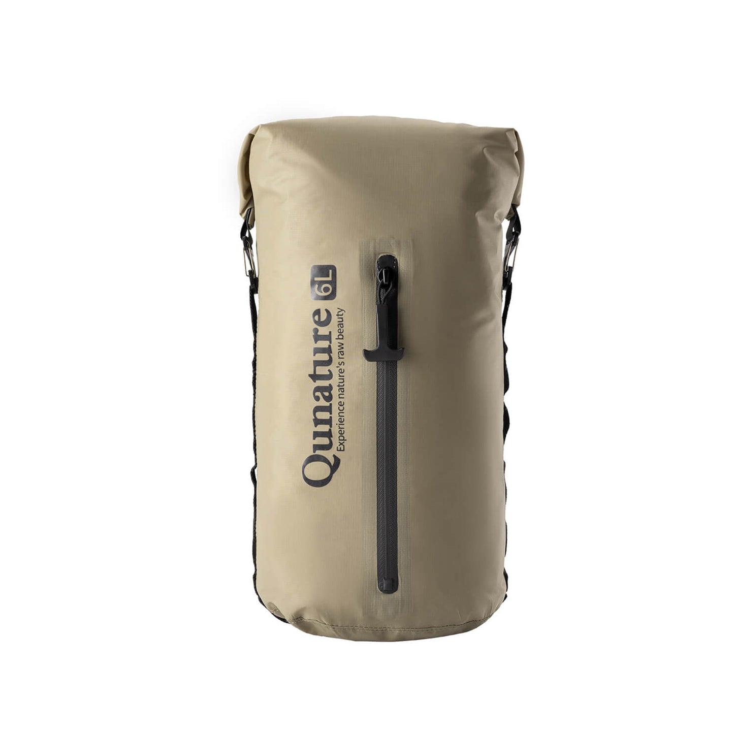 wasserdichte bikepacking kompressionstasche, 6l, beige frontansicht mit markenlogo