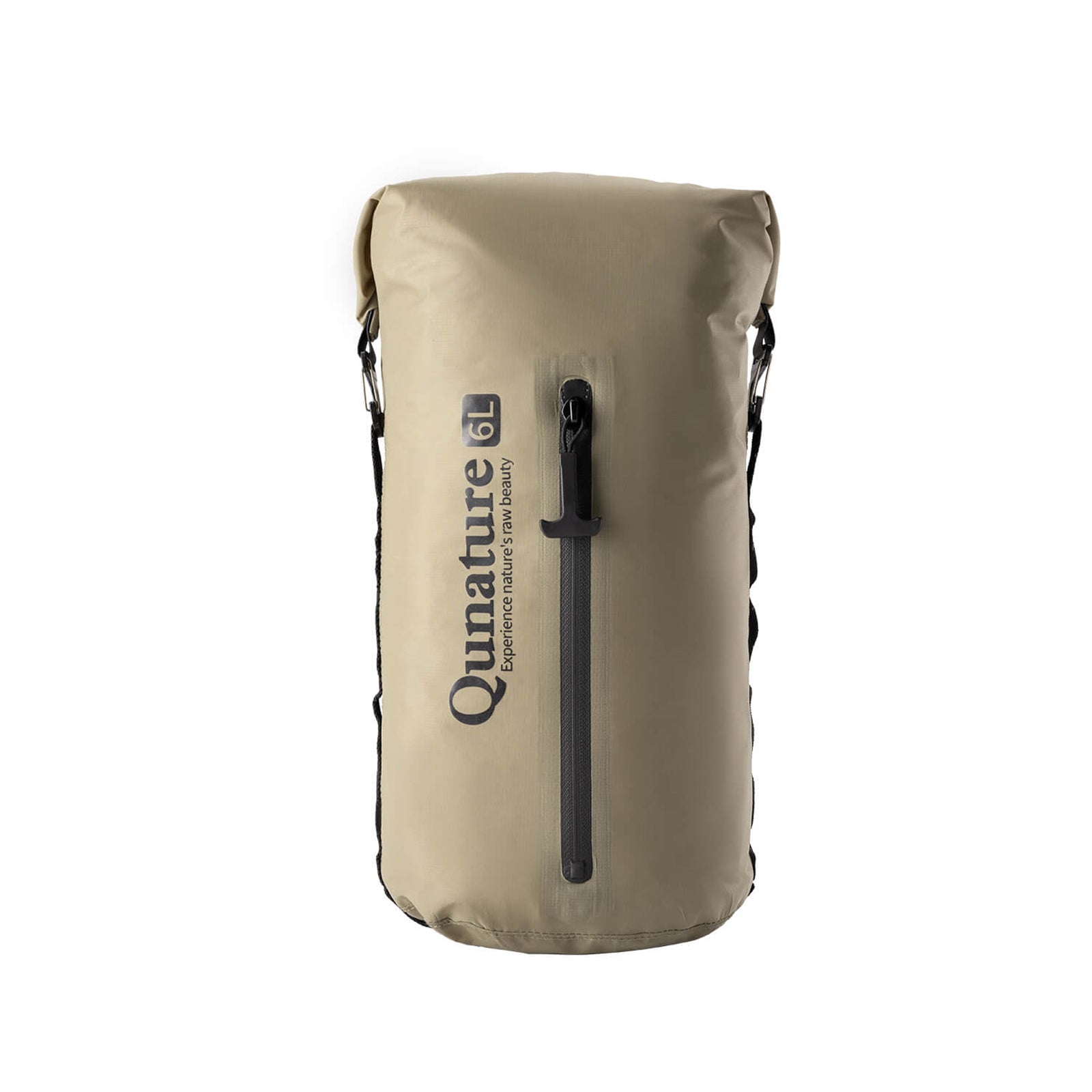 wasserdichte bikepacking kompressionstasche, 6l, beige frontansicht mit markenlogo