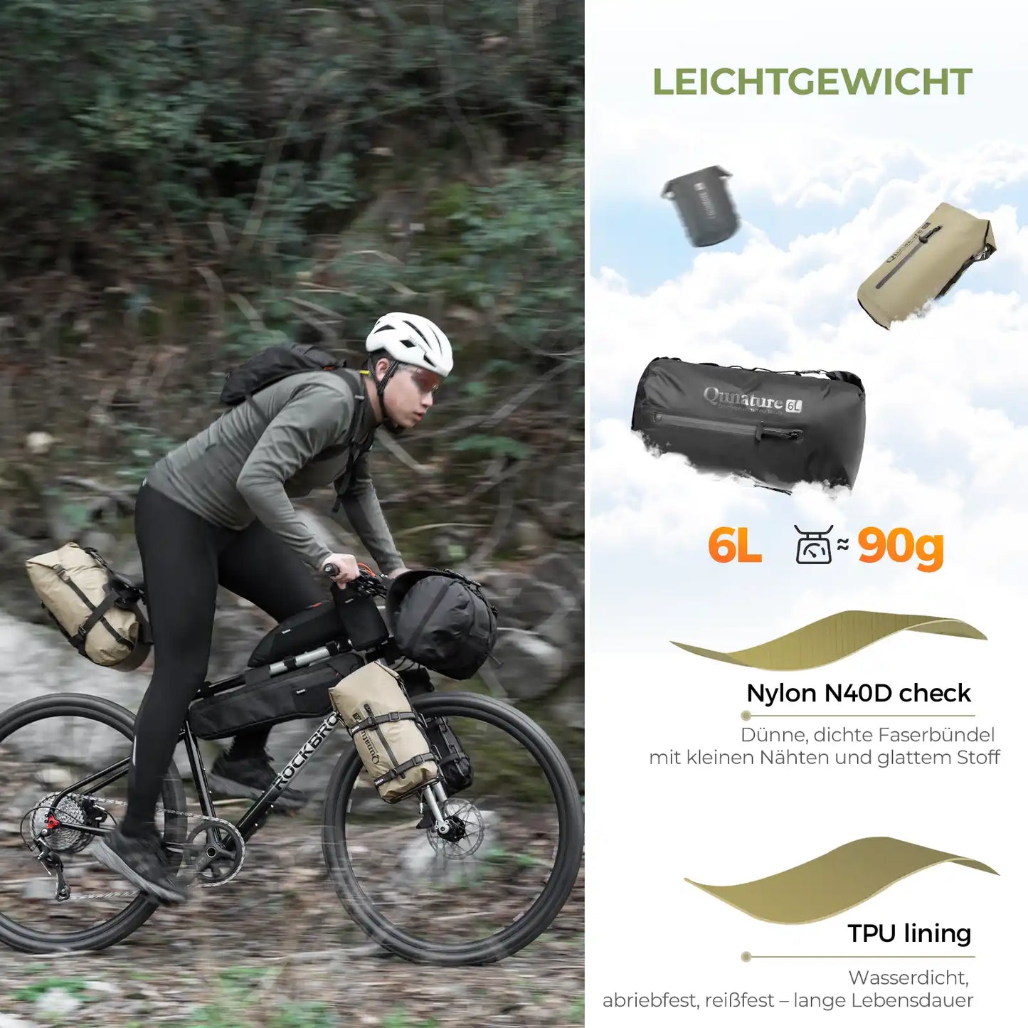 wasserdichte bikepacking kompressionstasche 6l leichtgewicht, mit nylon n40d und tpu auskleidung