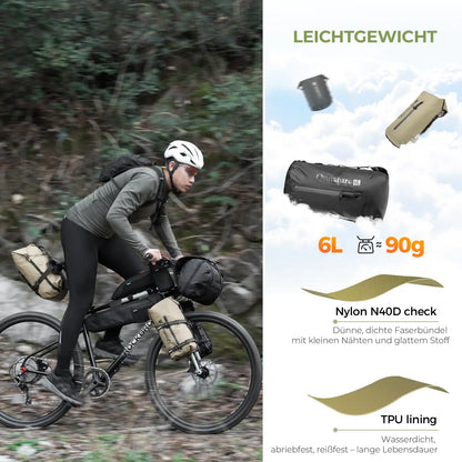 wasserdichte bikepacking kompressionstasche 6l leichtgewicht, mit nylon n40d und tpu auskleidung