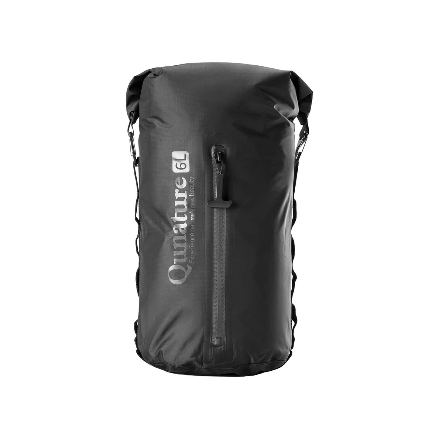 wasserdichte bikepacking kompressionstasche, 6l, schwarze frontansicht mit markenlogo