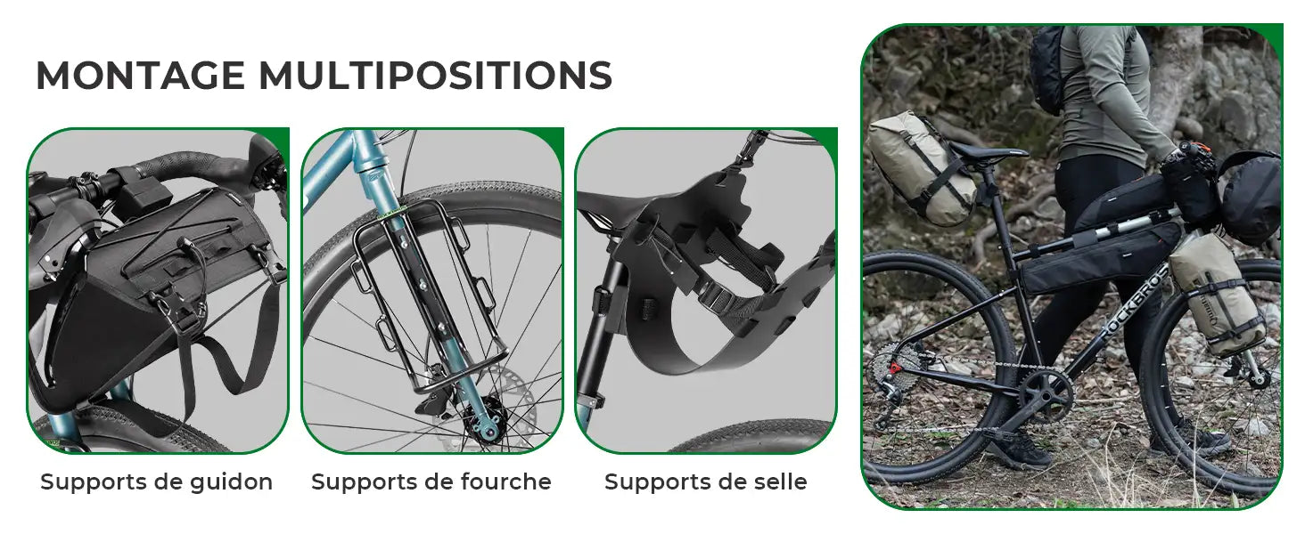 bikepacking-taschen, die an lenker, gabel und sattel des fahrrads befestigt sind