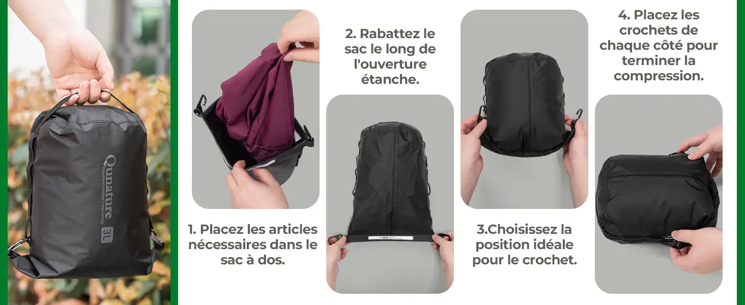 anleitung zum verdichten und verstauen von gegenständen in einem 3l wasserdichten trockensack