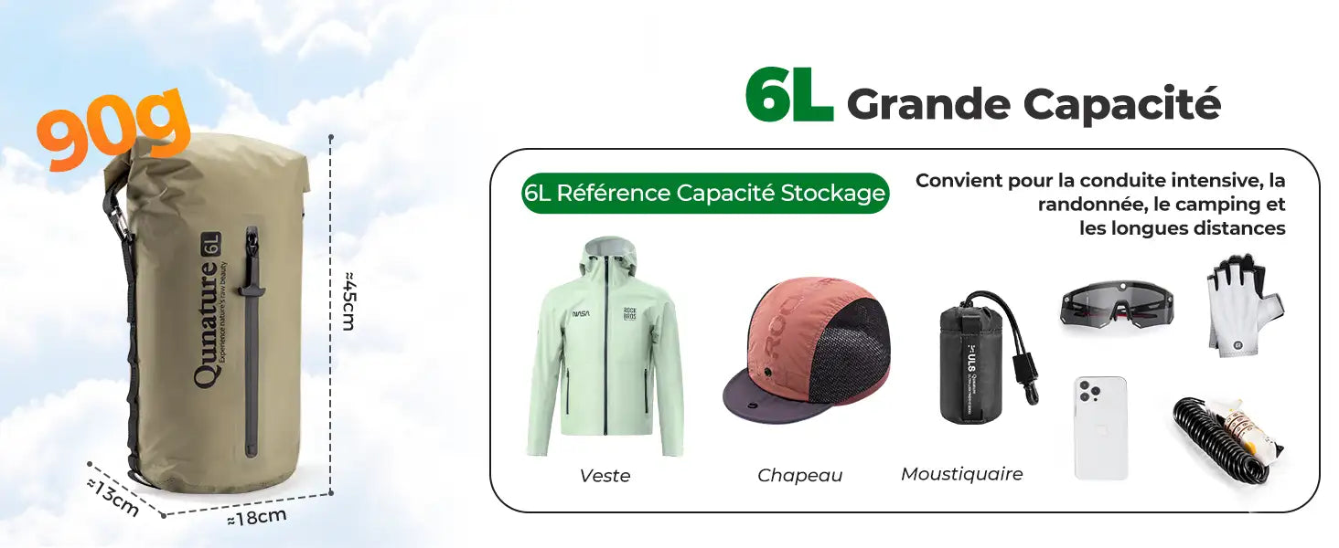 6l wasserdichter trockensack (13x18x45cm, 90g) mit stauraum für fahrradzubehör