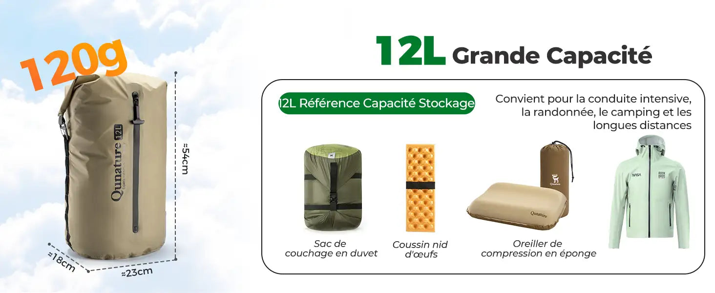 12l großer wasserdichter trockensack (18x23x54cm, 120g) für bikepacking und camping